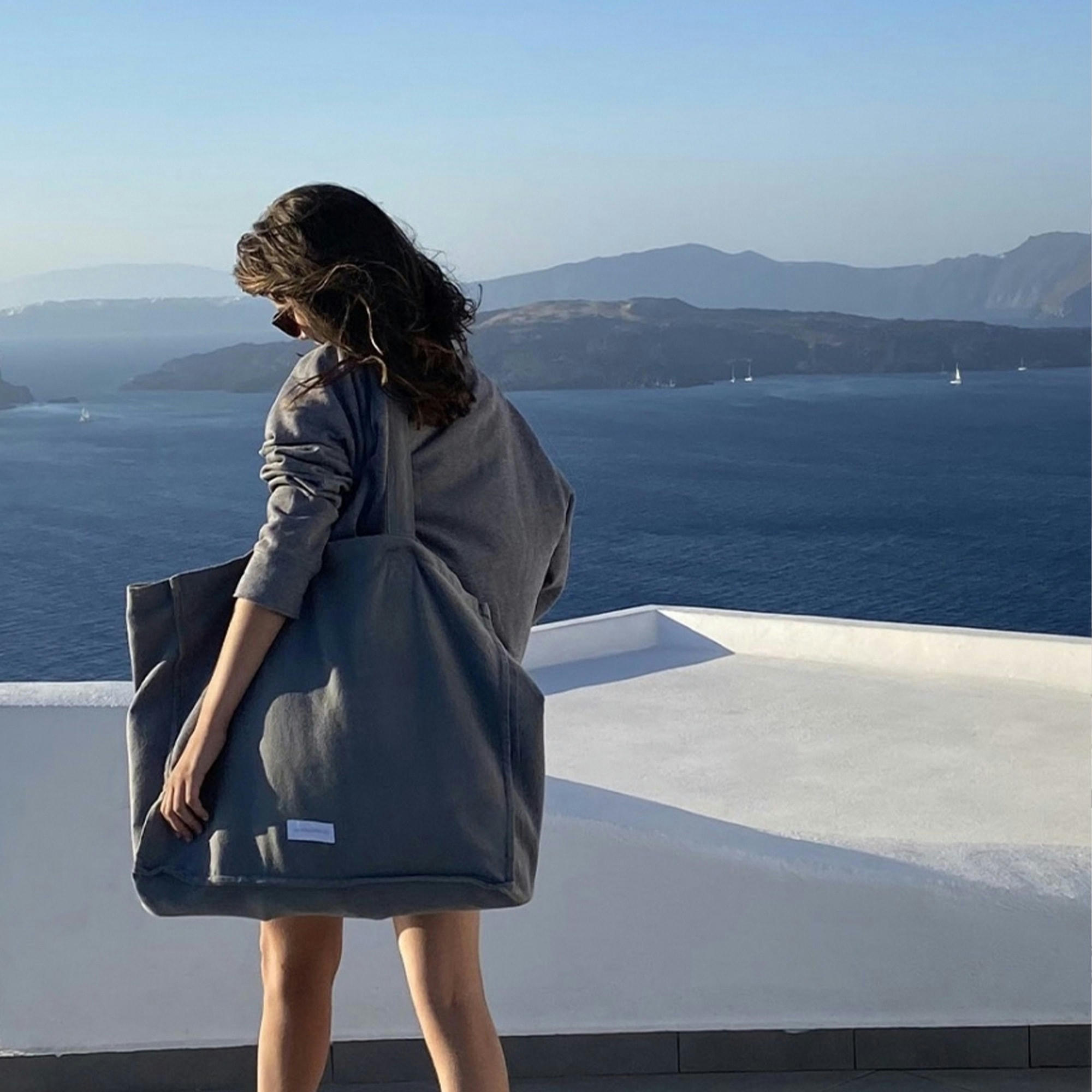 - Grand cabas en toile de coton bio bleu horizon