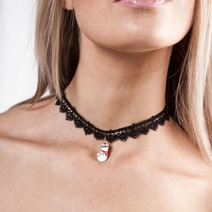 SVNX Corded Lace Scallop Effect Choker With Snowman Pendant