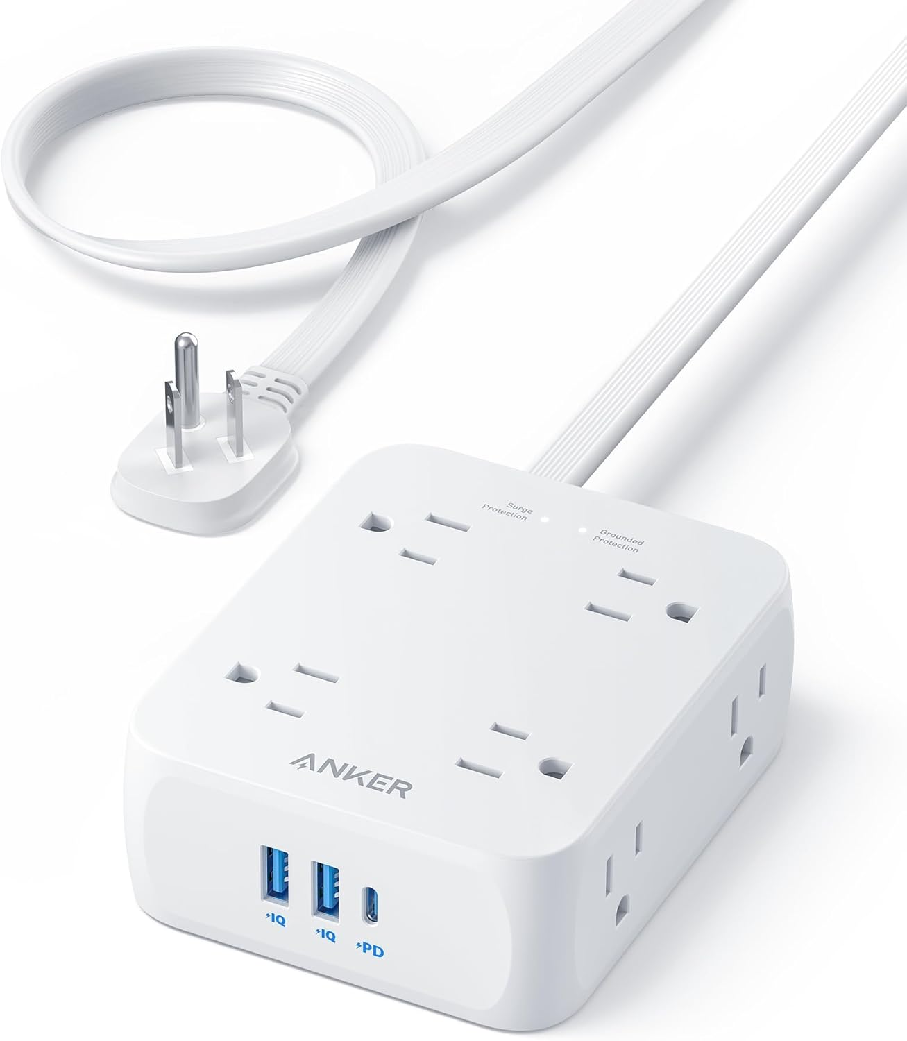 Anker Power Strip with 2000J Surge Protector, Flat Plug Extension Cord with Multiple Outlets, 8 AC, 2 USB A & 1 USB C Port for 20W, 5ft Outlet Extender, Dorm Room Essentials, Home Office, TUV Listed