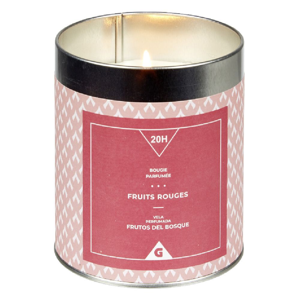 Bougie parfumée dans pot en métal senteur fruits rouges 20H