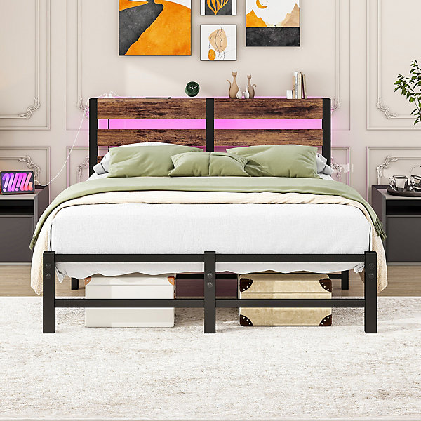 Lit Simple 120x200 cm, Lit Métal Ado avec éclairage LED et Prises USB, Rangement dessous, Sans Matelas, Métal et Bois, Noir, Brun