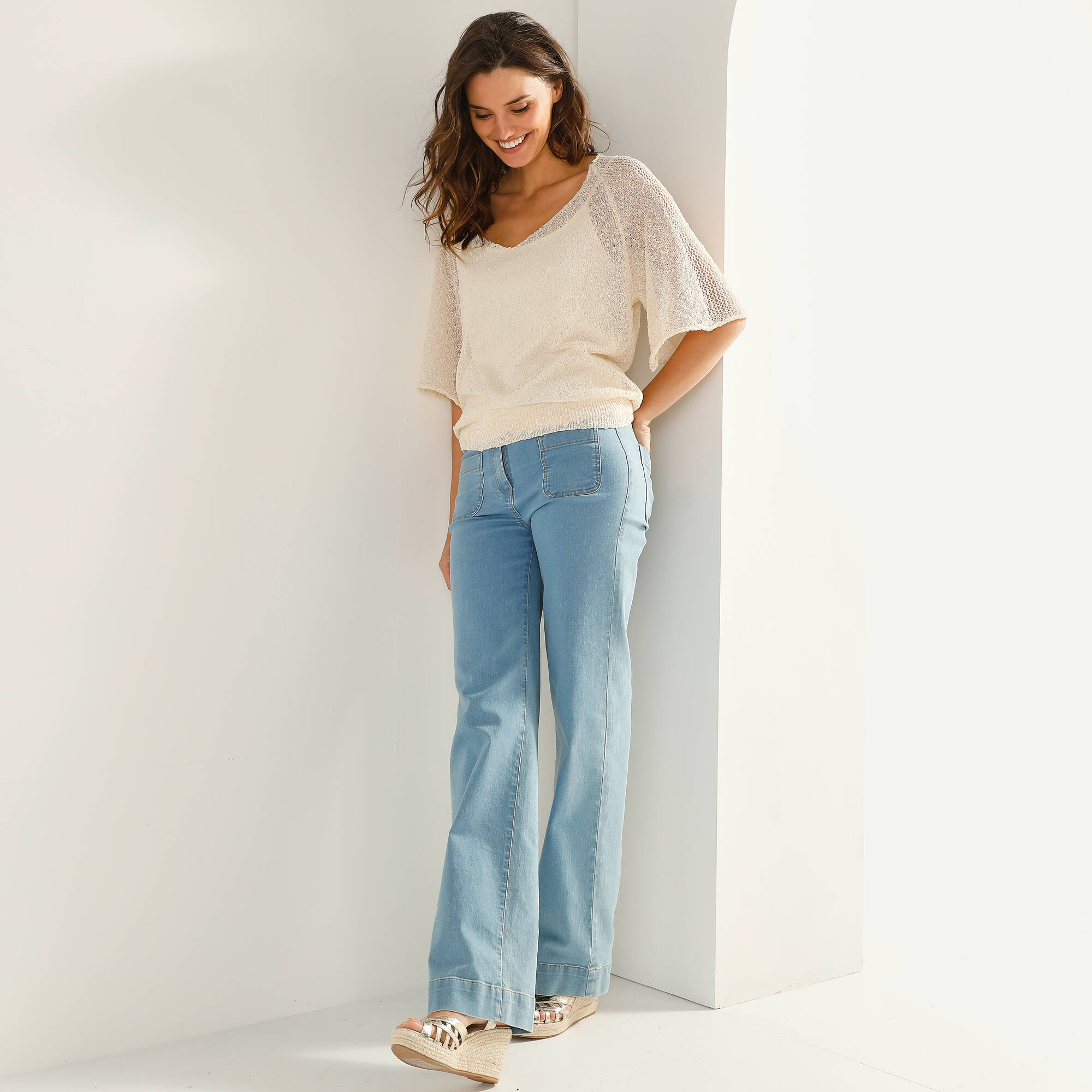 Pull loose manches coude, maille fantaisie