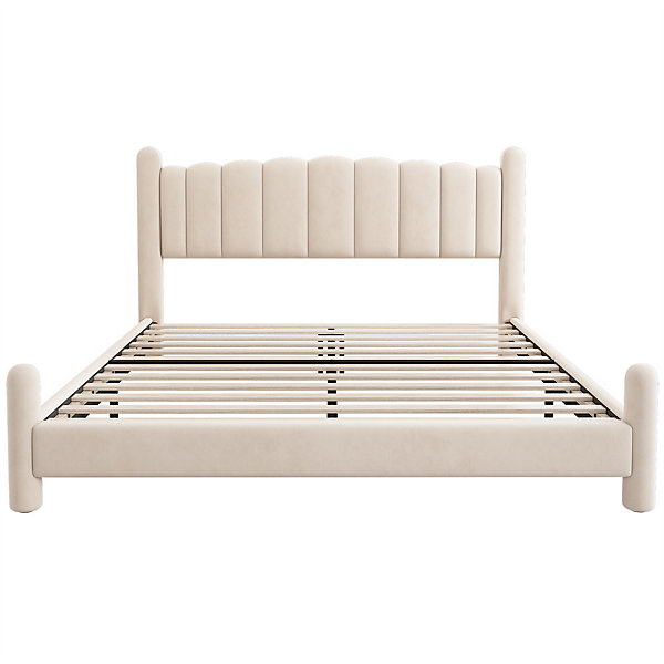 Lit adulte lit rembourré lit 160x200cm lit cadre à lattes en bois lit pieds de support cylindriques velours beige