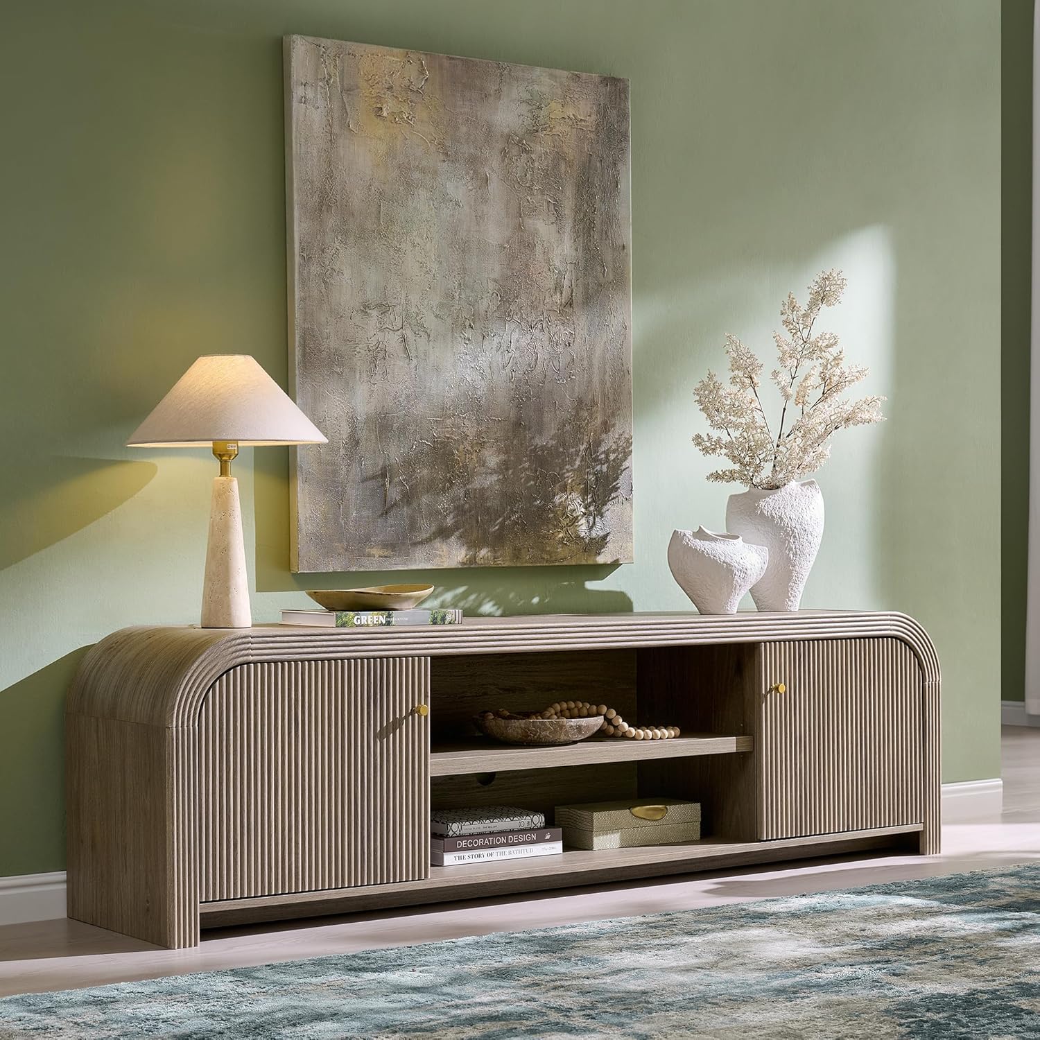 T4TREAM 70 Modern Fluted TV Stand, Long TV Table Entertainment Center with Storage, Media Console for Living Room with Door and Adjustable Shelves (Alder Grey)