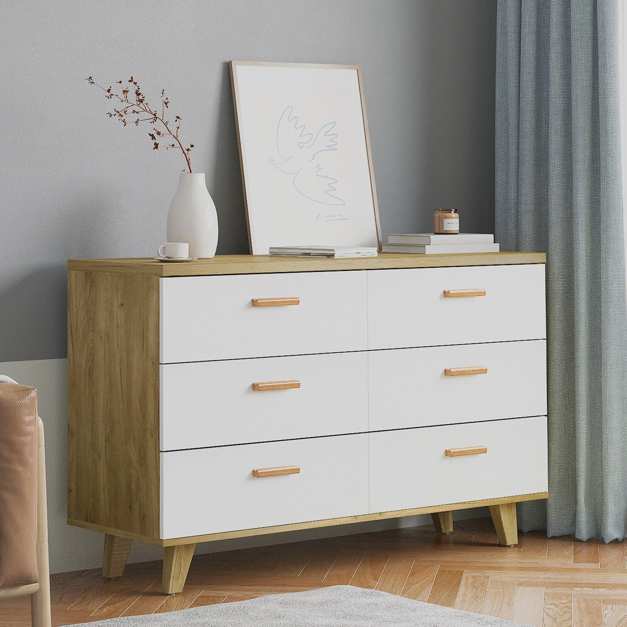 6-Drawer Double Dresser, Storage Cabinet with Solid Wood Handle for Bedroom, Living Room