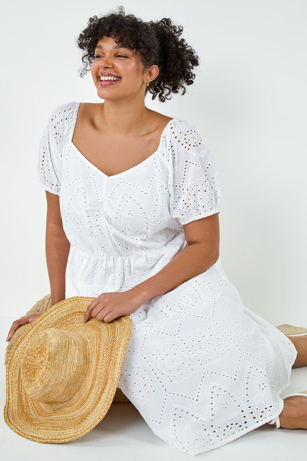 Roman Curve Cotton Broderie Midi Dress