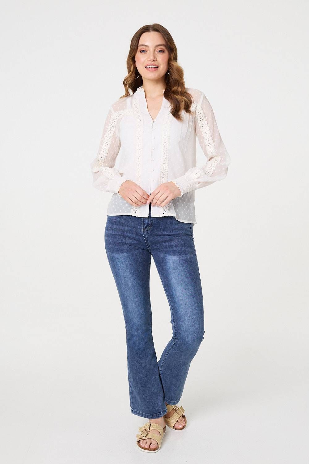 Izabel London Lace Trim High Neck Long Sleeve Blouse