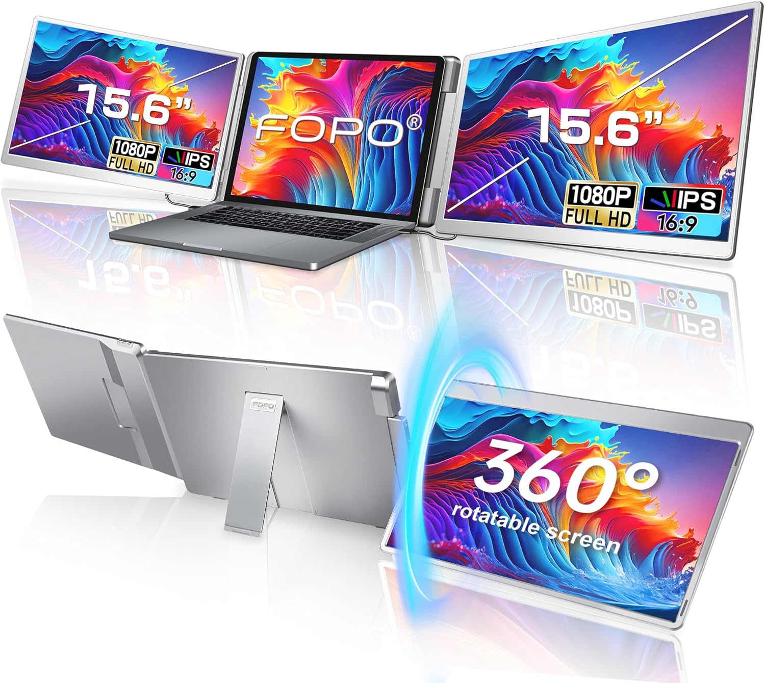 FOPO 15.6 Triple Laptop Screen Extender  Left Screen 360° Rotation Laptop Monitor Extender  Plug and Play Triplp Monitor for 13-17 Laptops with USB-C/HDMI  for Windows/Mac(M1/M2/M3) Pro/Max - S10