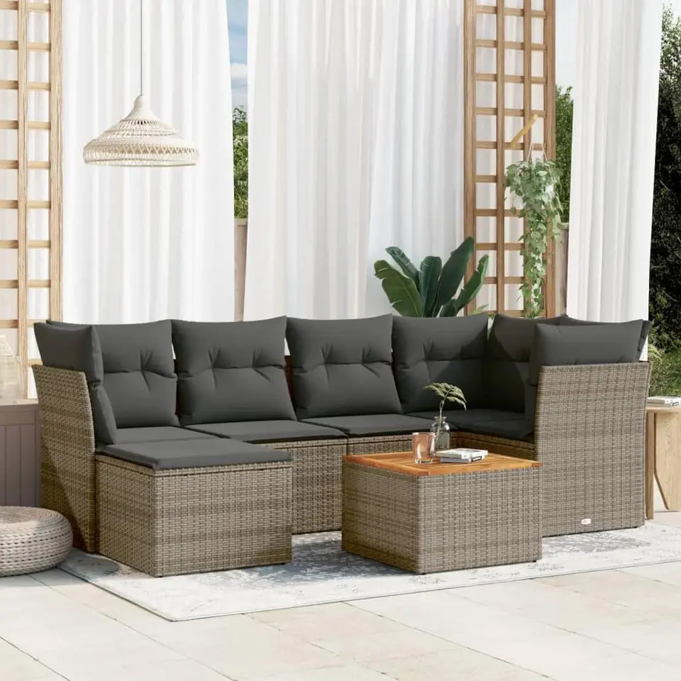 vidaXL 7-delige Loungeset met kussens & salontafel - Grijs - Poly rattan