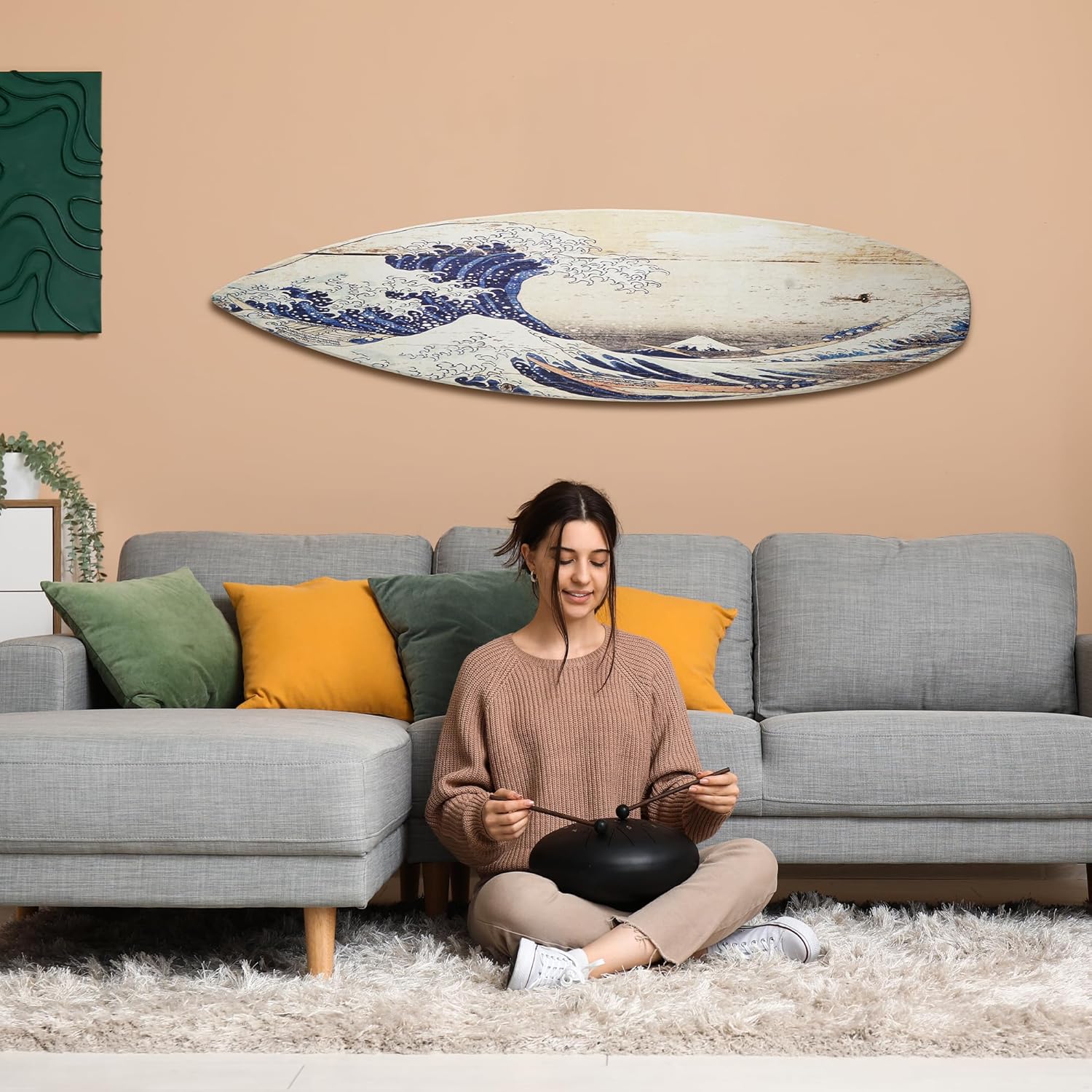 American Art Decor Surfboard Plaque Wall Sign - Beach House Wall Art - Large Tropical/Coastal Home Decor for Living Room, Bedroom, Bathroom, Patio, or Bar (The Great Wave off Kanagawa Wood, 60x15)