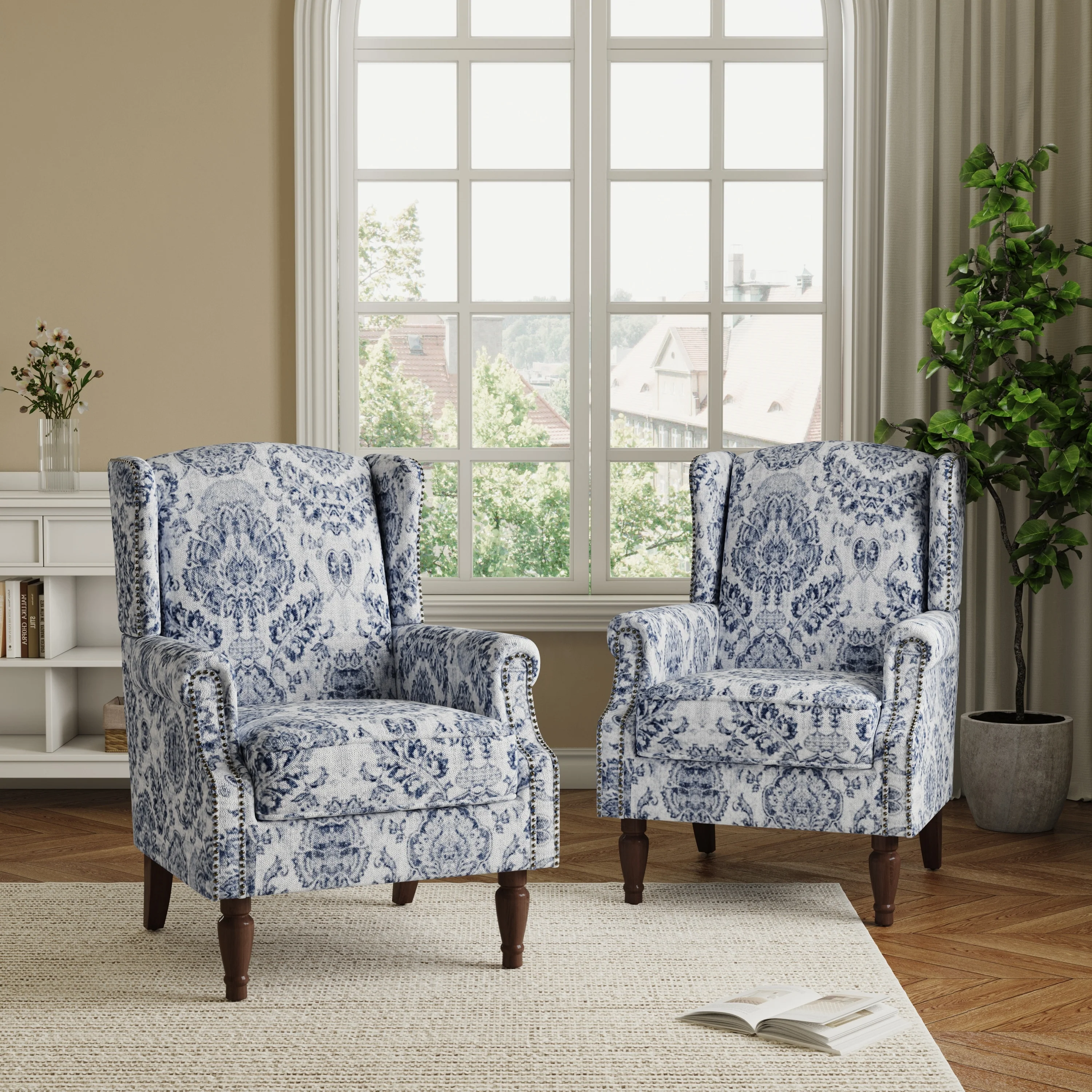 Set of 2 Transitional Patterned Wingback Accent Chairs with NailHead