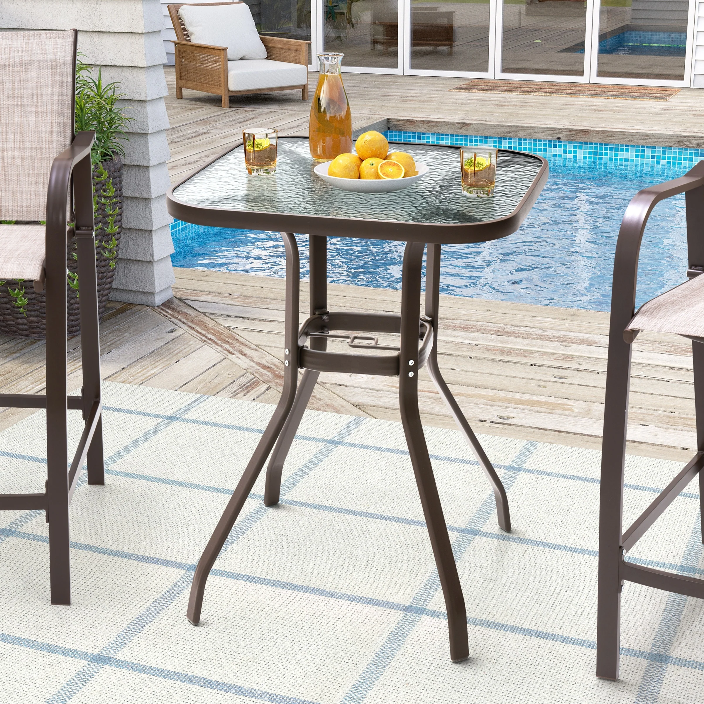 Outdoor Patio Dining Bar Height Table Bistro Table with Umbrella Hole Glass Bar Table Coffee Table