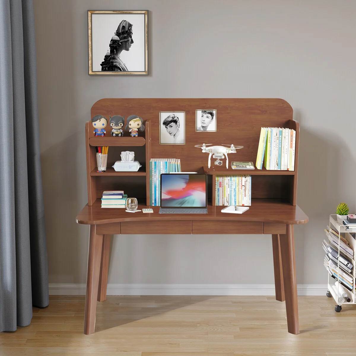 Kids Desk without Chair, Student Desk Multi-Tier Organizer, Solid Wood Bookshelf with Drawers