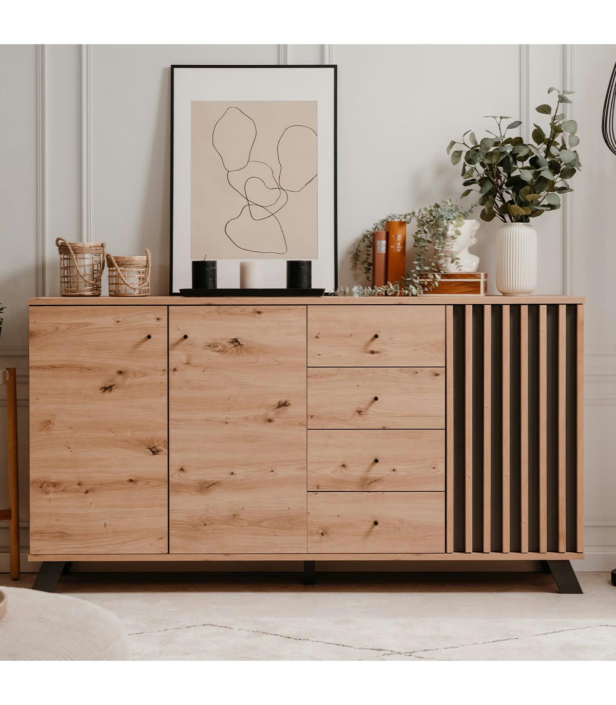 LUBLIN - Buffet 3 portes et 4 tiroirs effet bois - L160 x H85 cm