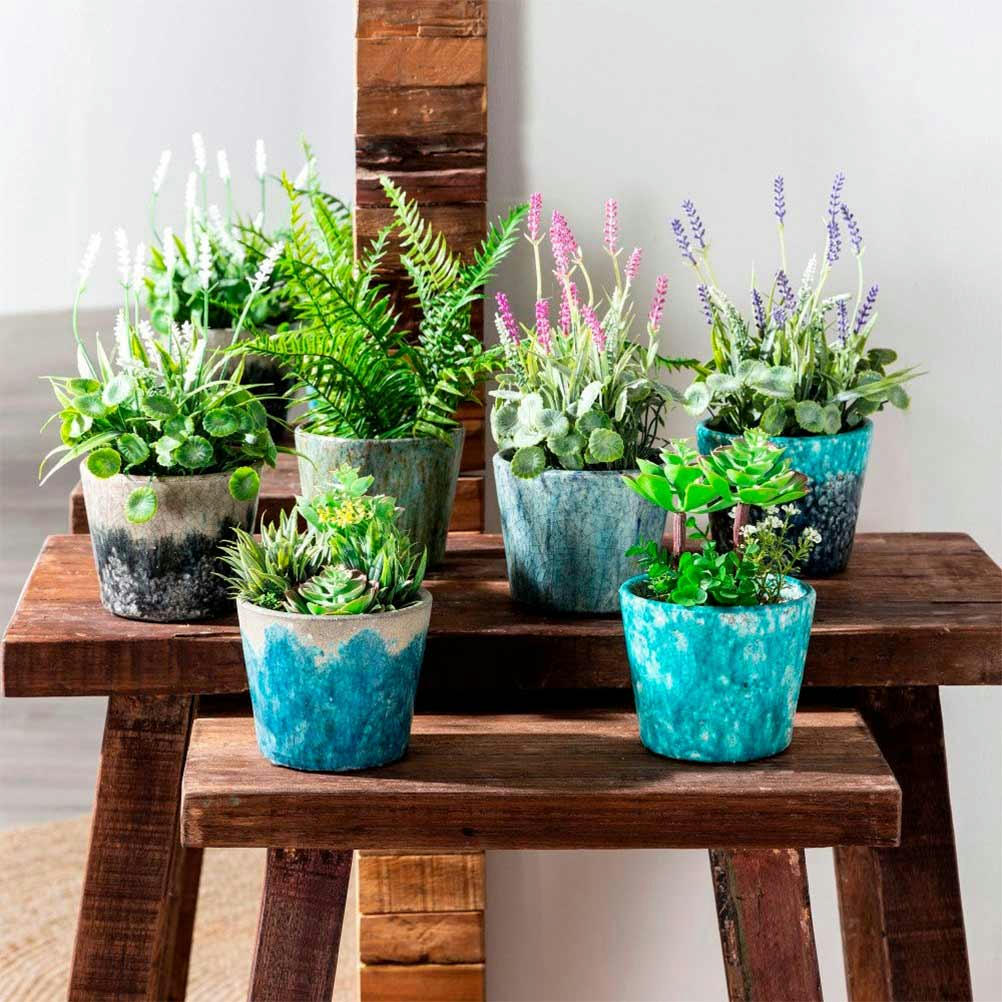 - Cache-pot bleu et ciment en céramique vieillie D14cm