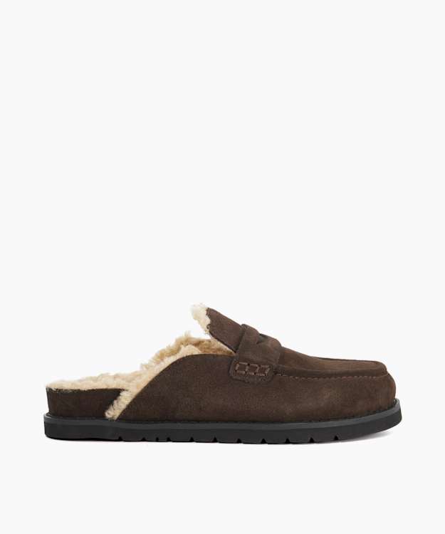 Goldy Brown - Faux Shearling Lined Backless Mule Suede Loafers