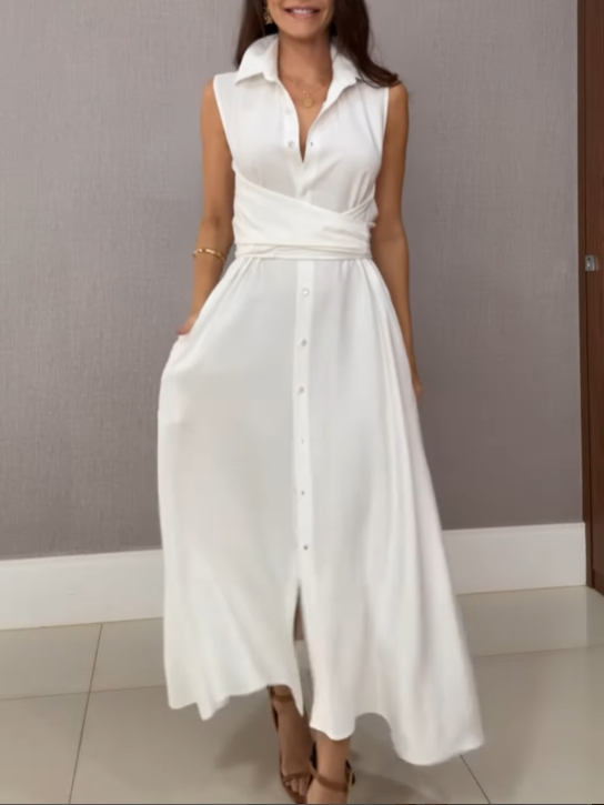 Unique Shirt Style Single-breasted Tie Midi Dress
