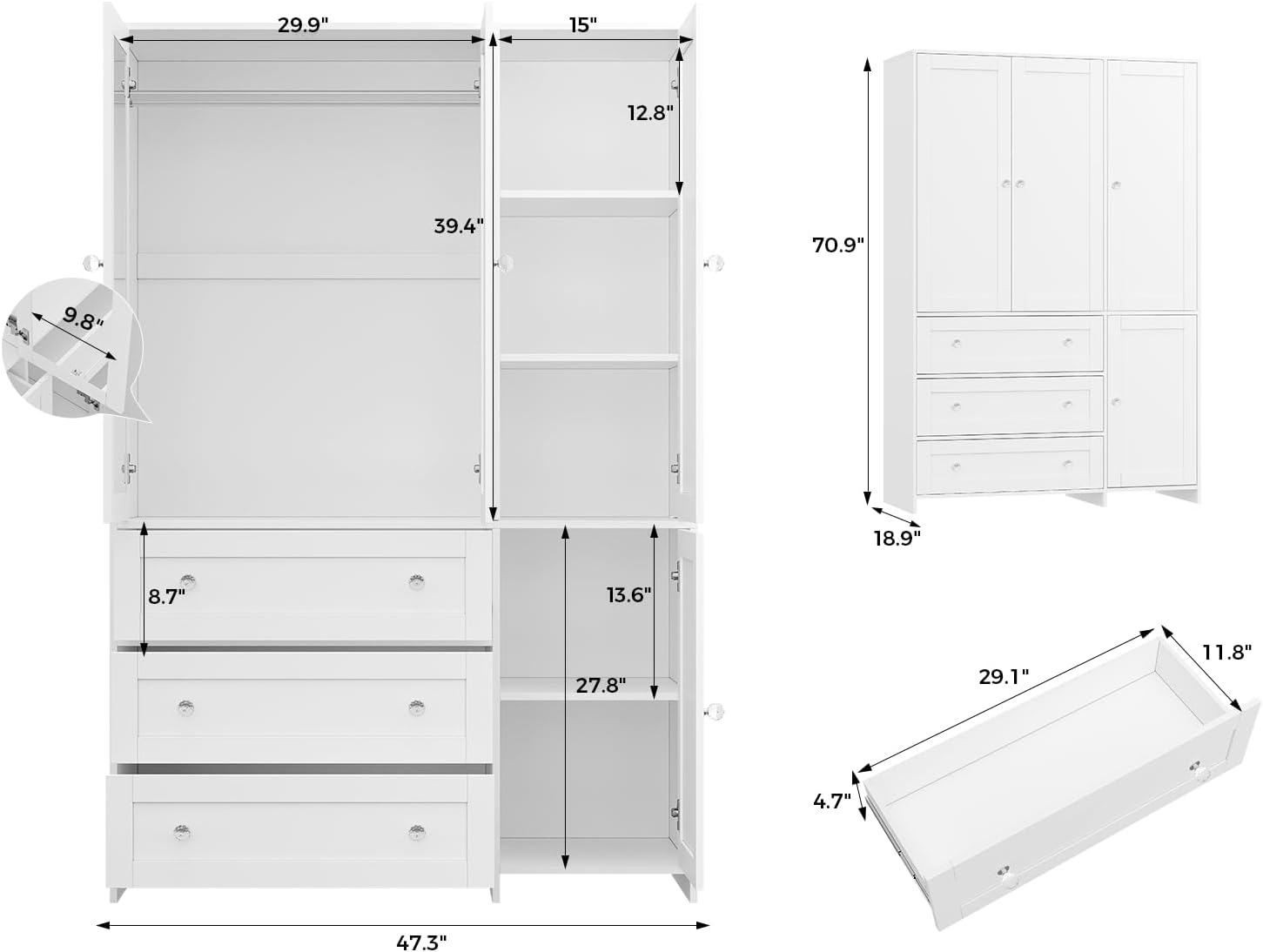 VOWNER Armoire Wardrobe Closet with Drawers and Mirror, 71 Clothing Storage Cabinet with Hanging Rod, 4 Doors Wooden Wardrobe Cabinet for Bedroom, Large Capacity Storage