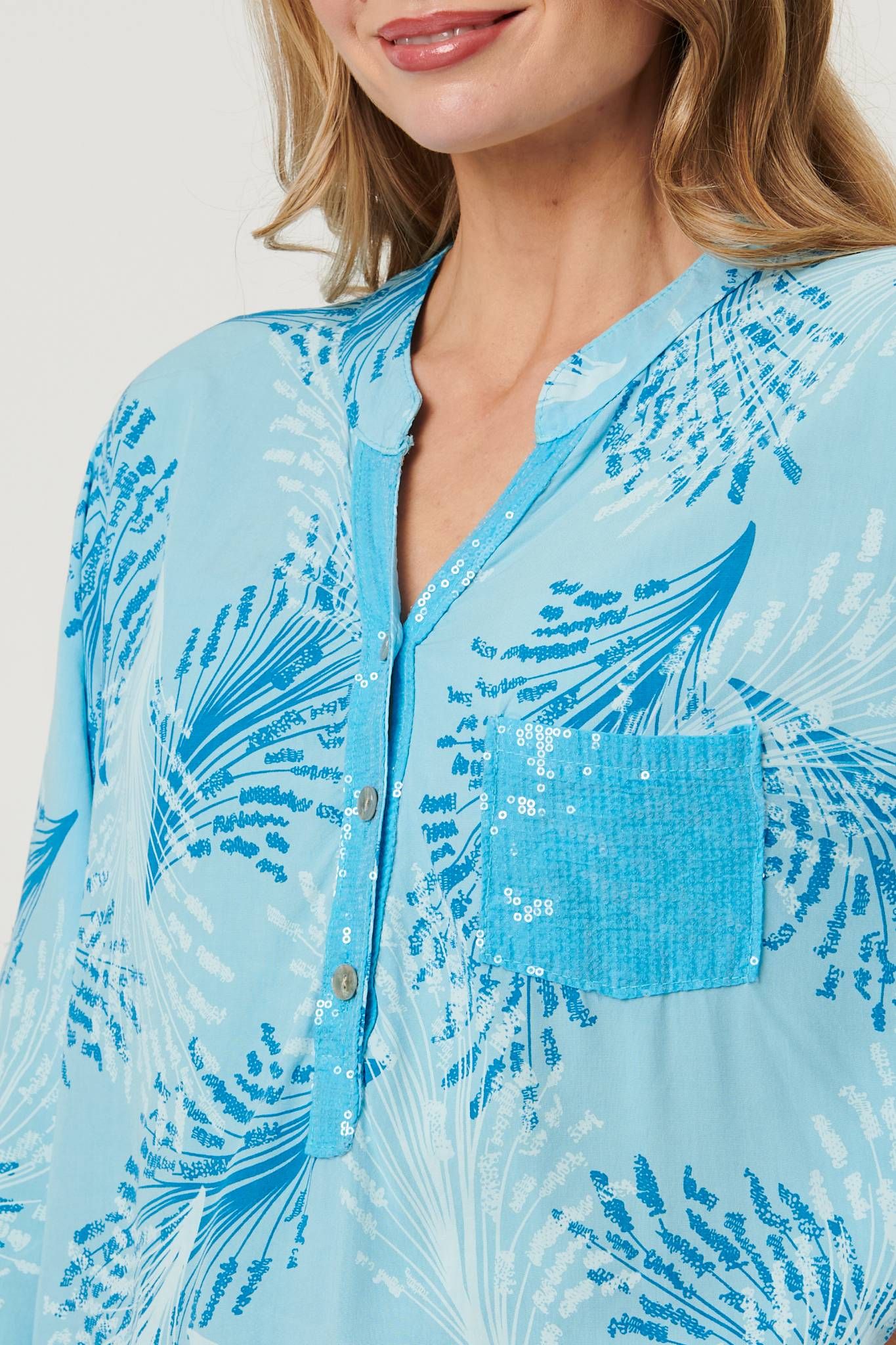 Izabel London Printed Sequin 3/4 Sleeve Relaxed Blouse