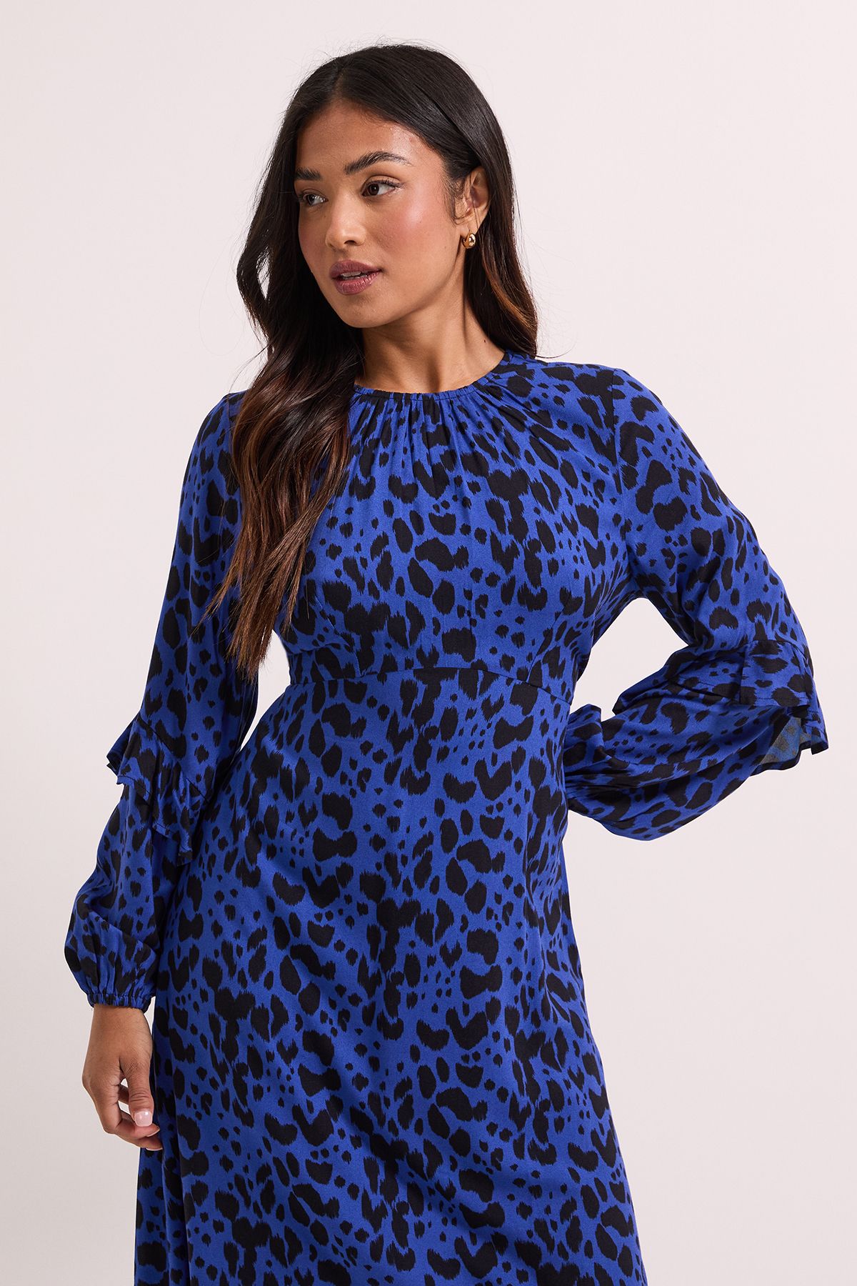 Dorothy Perkins Petite Printed Ruffle Blouson Sleeve Empire Seam Midi Dress