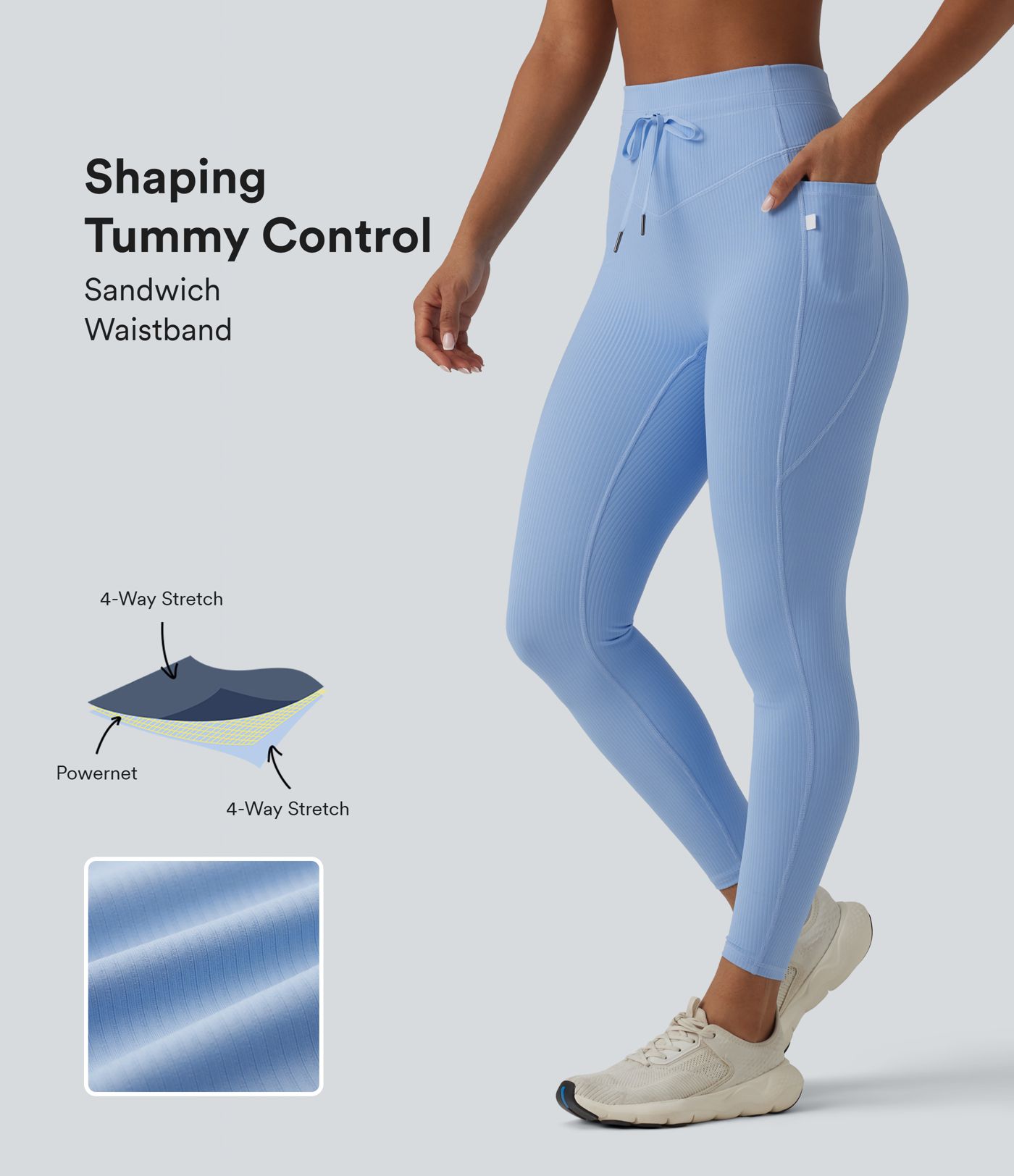 Legging de sport maille côtelée gainant à séchage rapide taille haute avec cordon de serrage et poches - UPF50