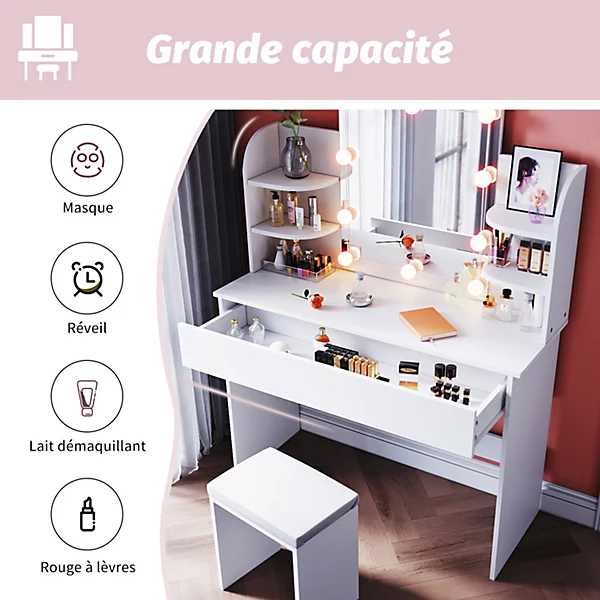 Coiffeuse avec Miroir LED et Tabouret SIRHONA 108 x 40 x 140 cmavec Tiroir et 4 étagères Blanc