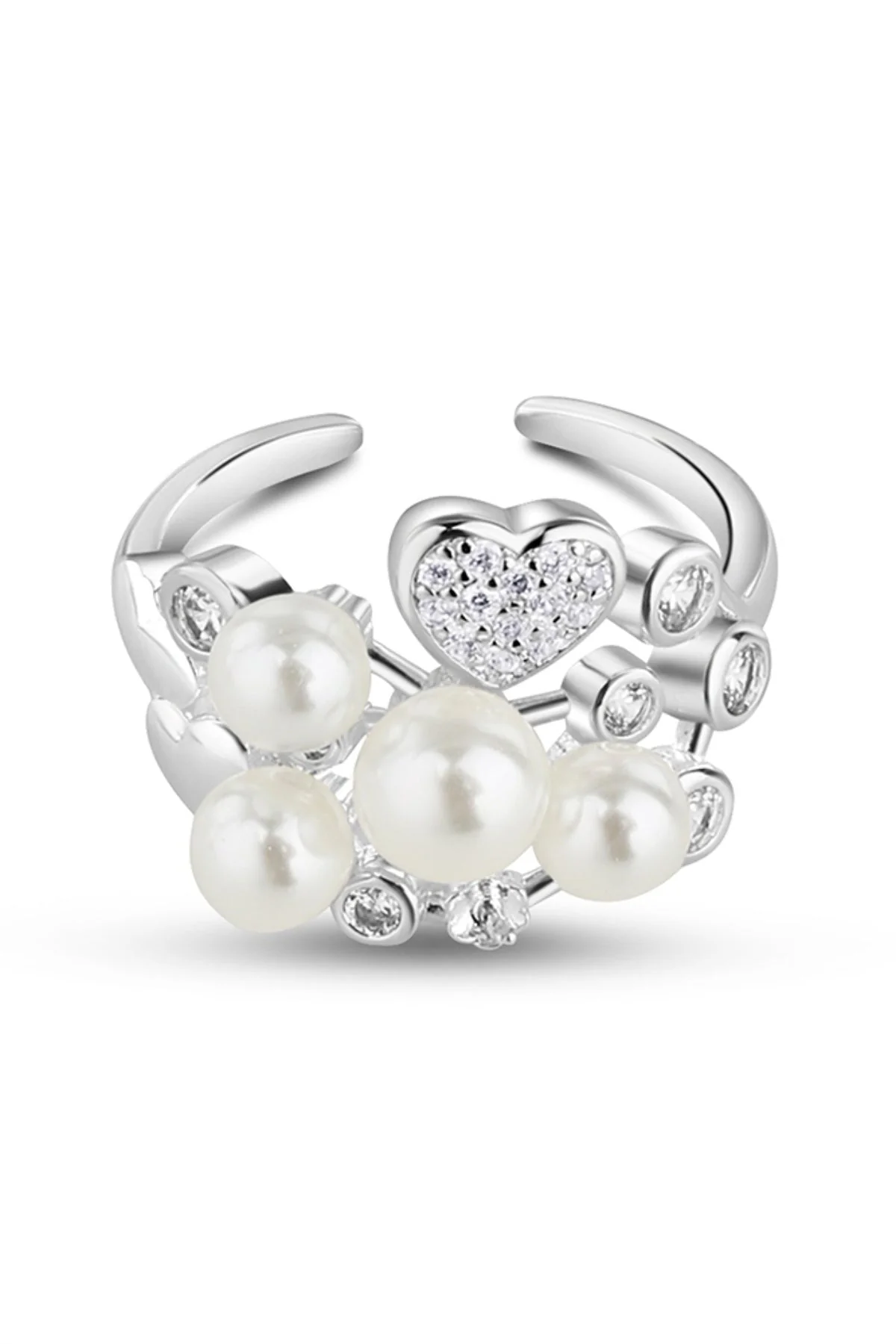 Silver Plated Pearl Ring with Clear Stones