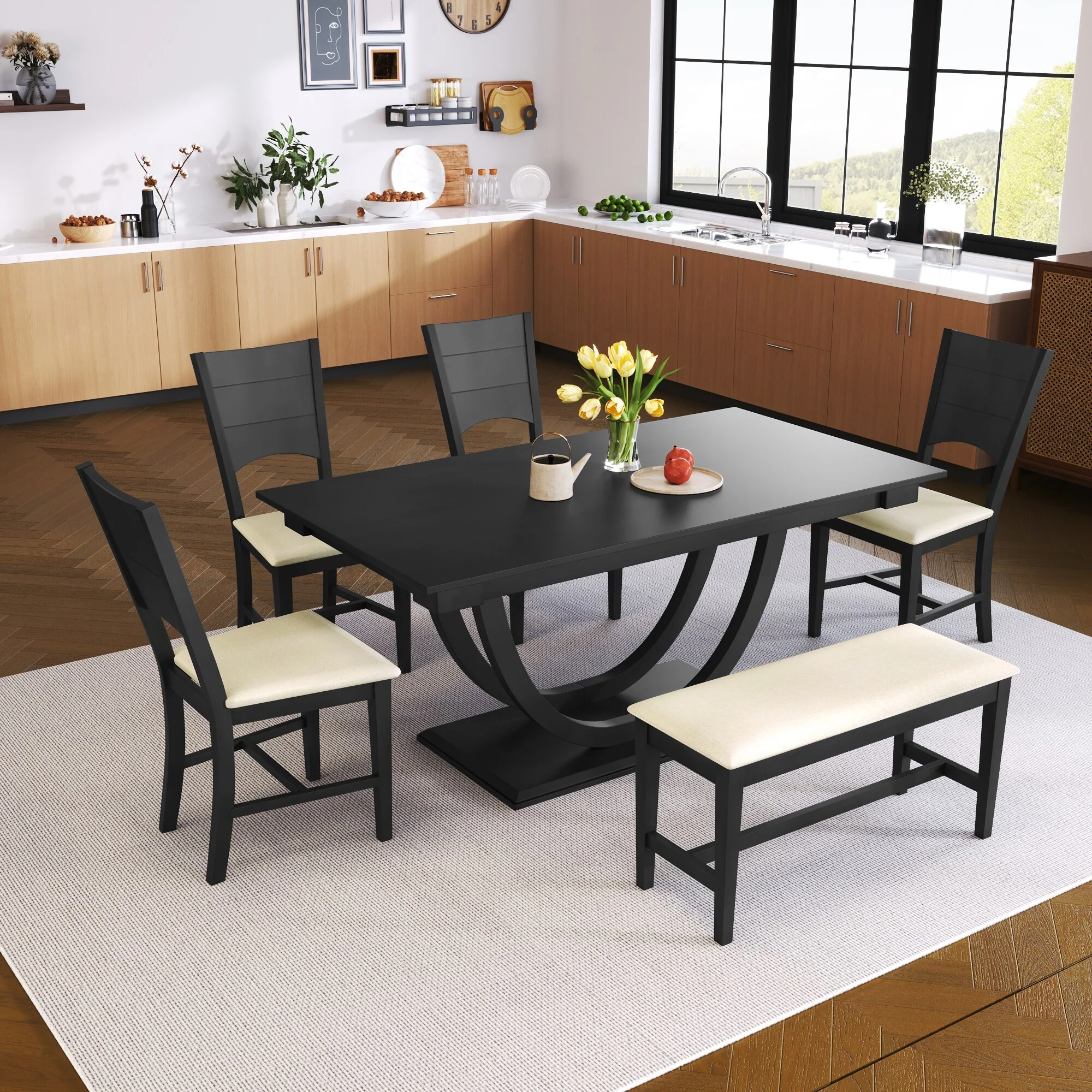 Roomfitters 6-Piece Half Round Dining Table Set with Long Bench and 4 Chairs, Modern Style