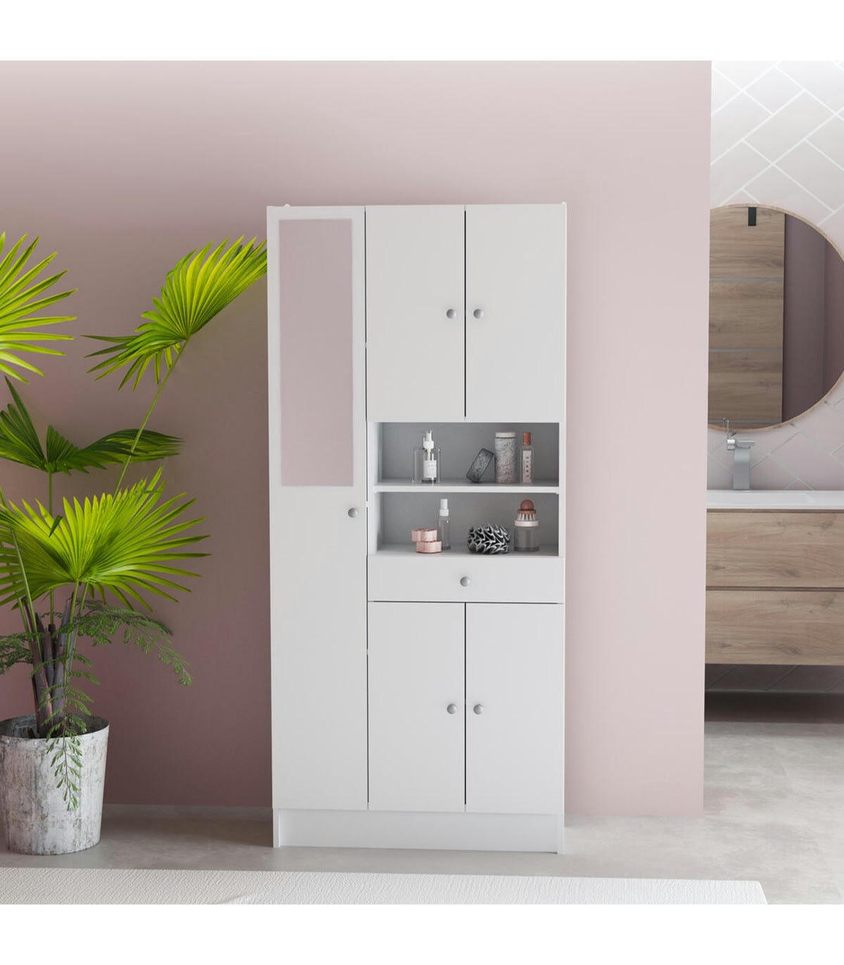 IMBATTABLE - Rangement Salle de Bain Blanc, 4 portes 1 tiroir et  miroir - L80 cm