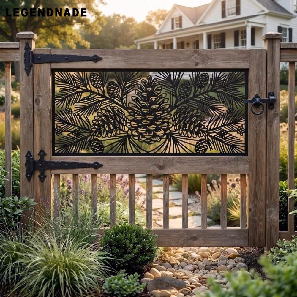 Pine Cone Gate Insert Panel, Evergreen Privacy Screen, Rustic Metal Railing, Cabin Fence Decor