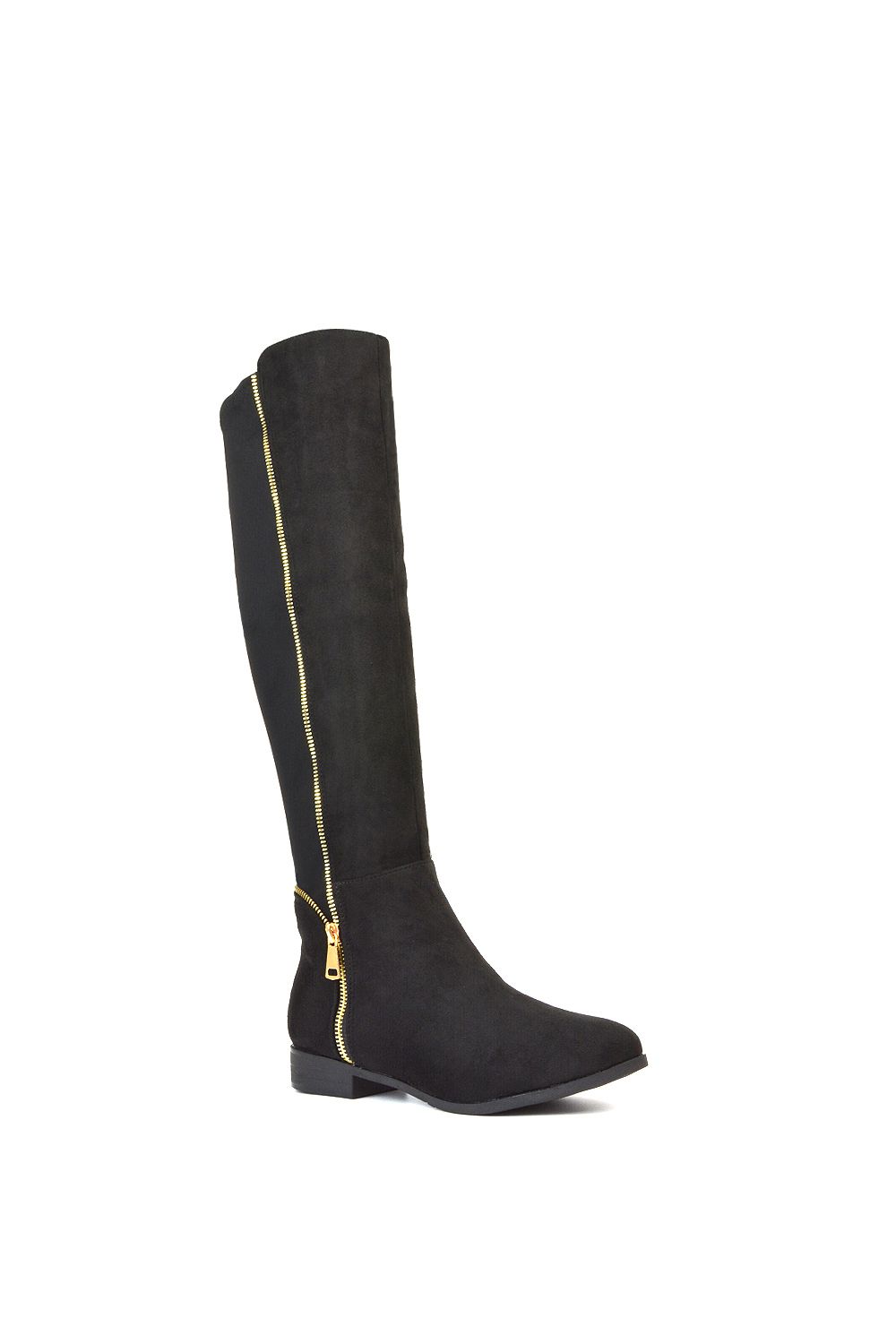 XY London Sutton' Zip Up Flat Heel Knee High Boots With Stretchy Calf