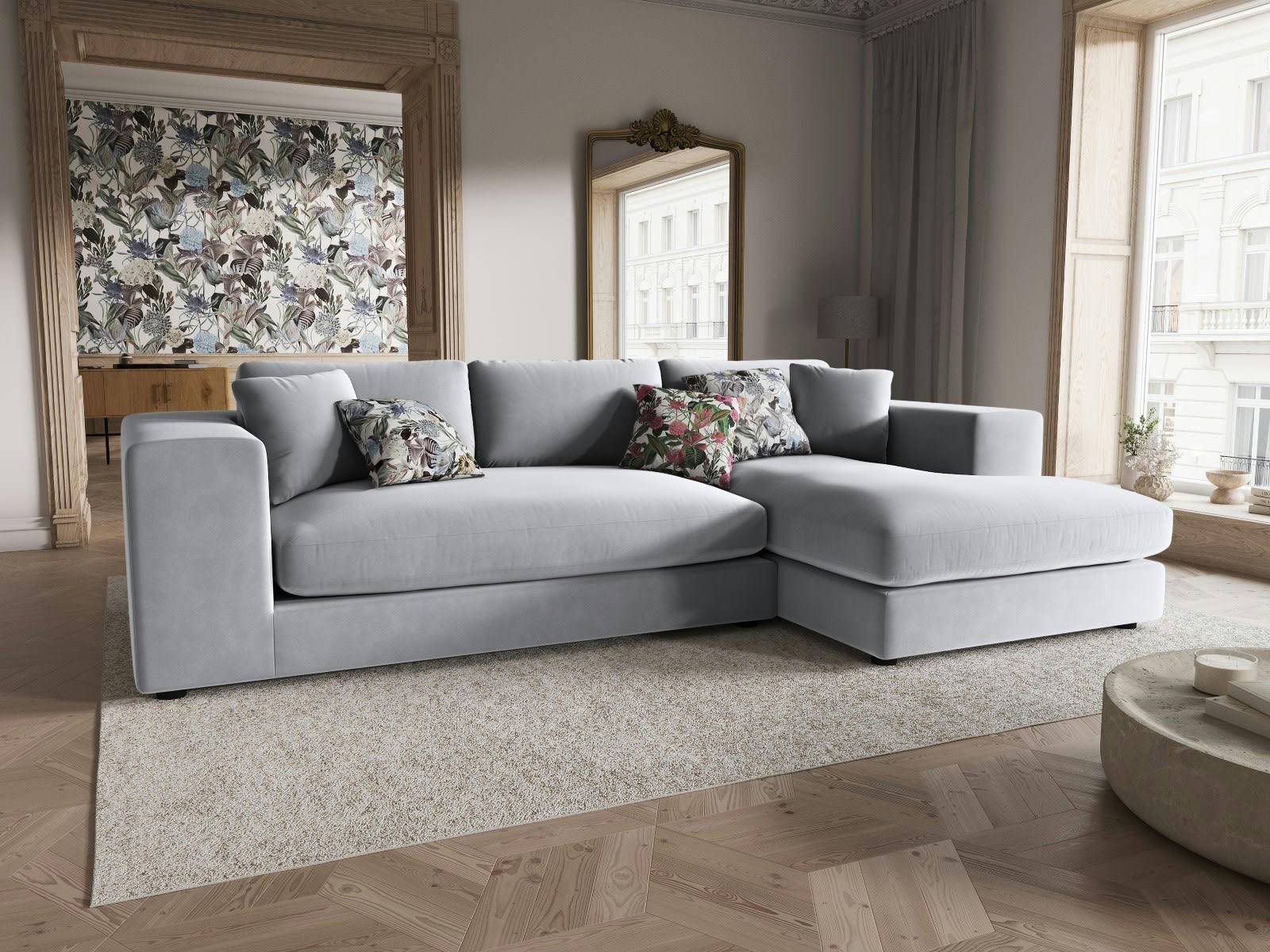 TENDANCE - Canapé D'Angle Droit 5 places en Velours Gris Clair