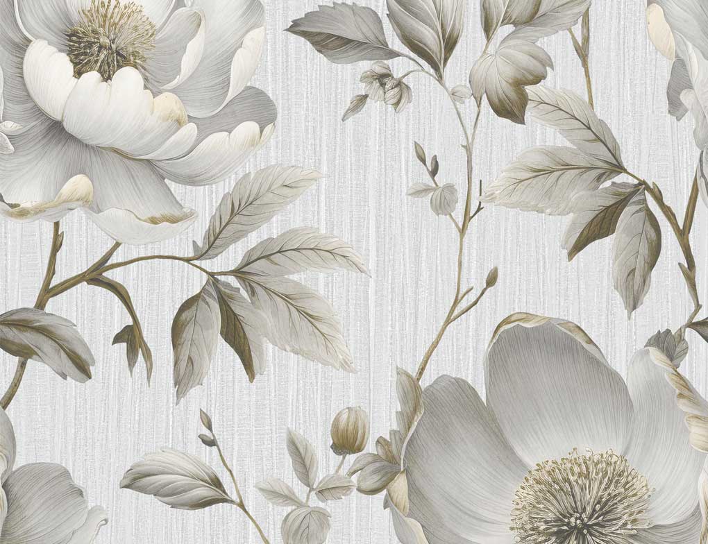 Papiertapete Große Blüten Beige, Grau