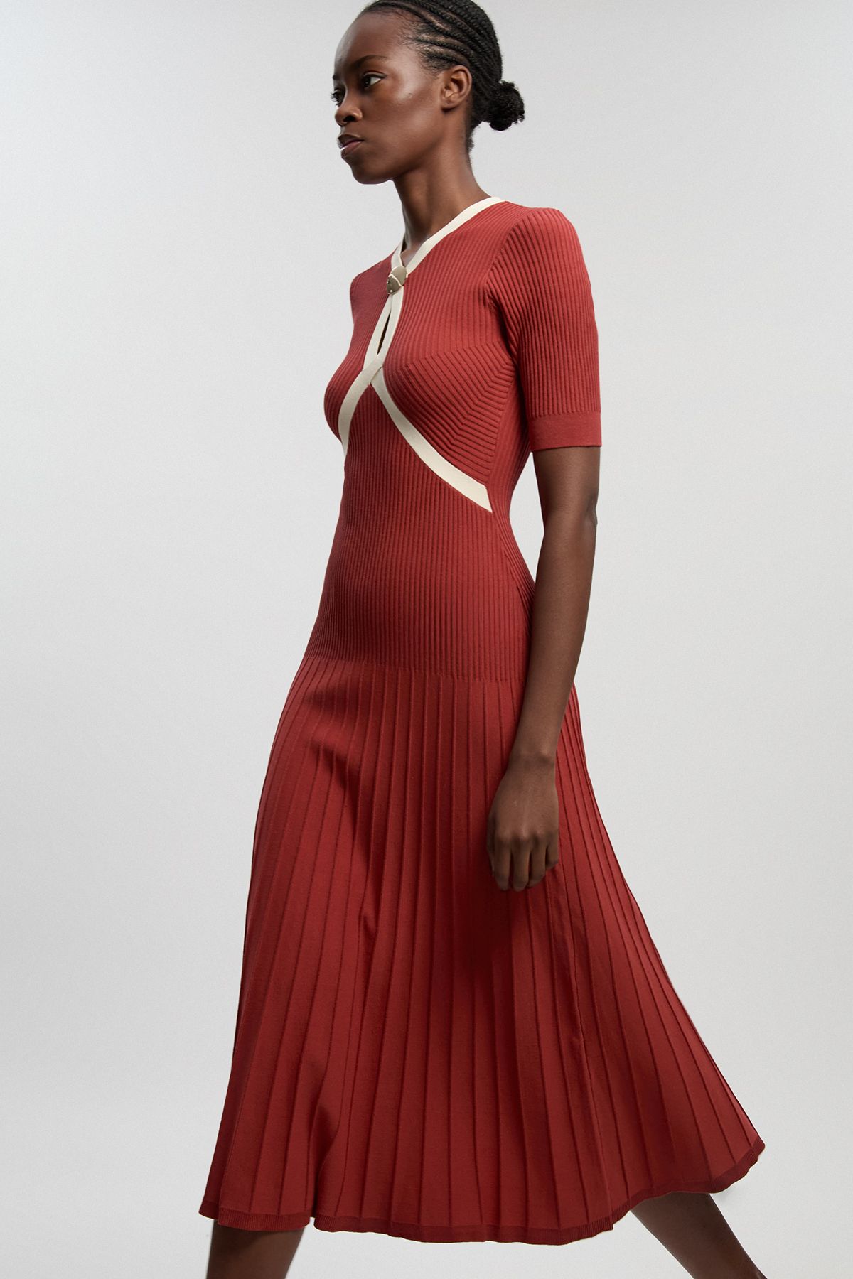 KarenMillen Rib Knit Trim Detail Full Skirt Short Sleeve Midi Dress