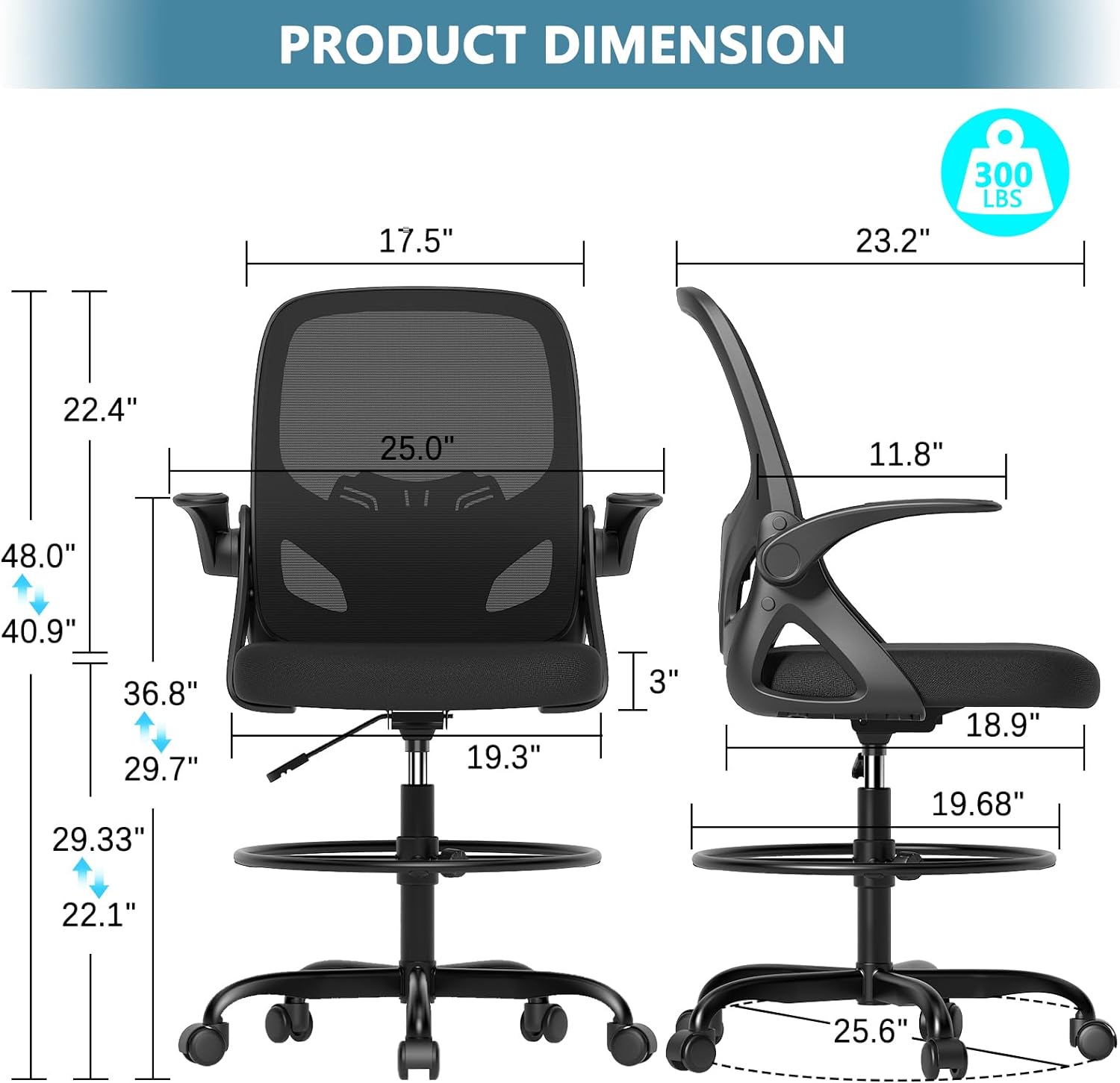 Kensaker Drafting Chair Tall Office Chair, Ergonomic Standing Desk Chair with Adjustable Foot Ring and Flip-up Armrests, Mesh Computer Chair for Art Studio, 300 LBS, Black