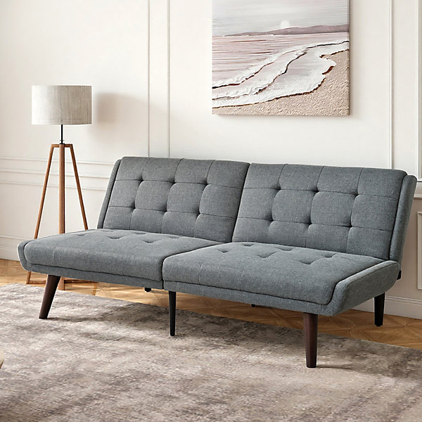 Lit 146x89 cm convertible 3-en-1 en tissu lin gris, dossier 5 positions, cadre bois et renfort métal