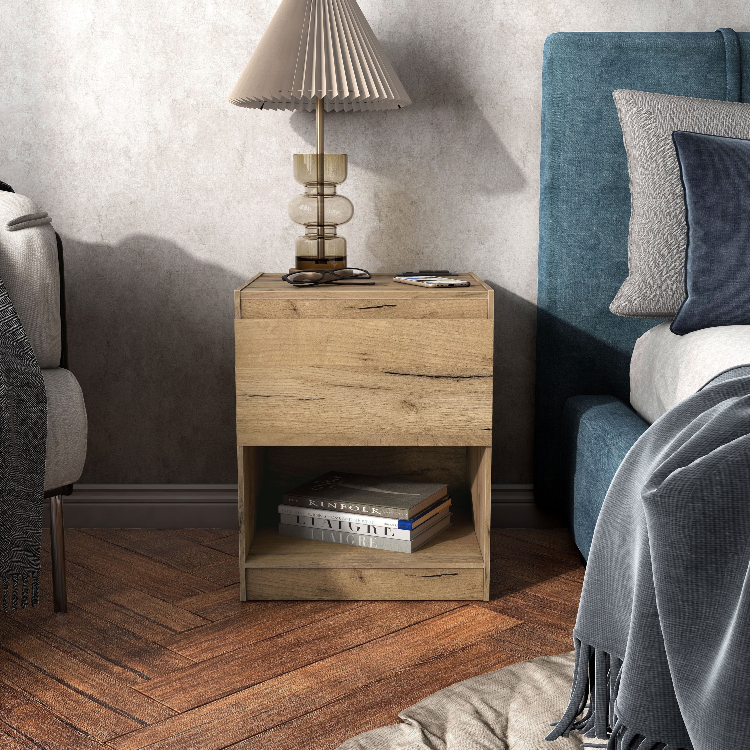 DH BASIC Rustic Light Oak 1-Drawer Nightstand with Charge Stand and Open Shelf by Denhour