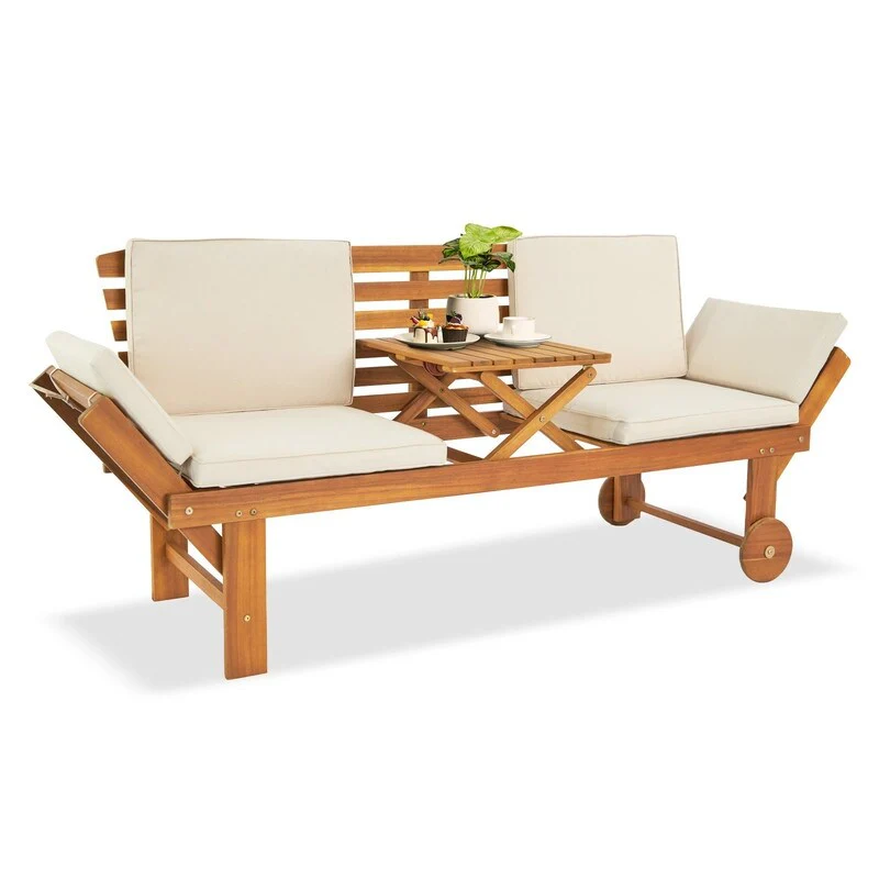 Acacia Wood with Elevated Table Patio Wood Recliner Bed - N/A