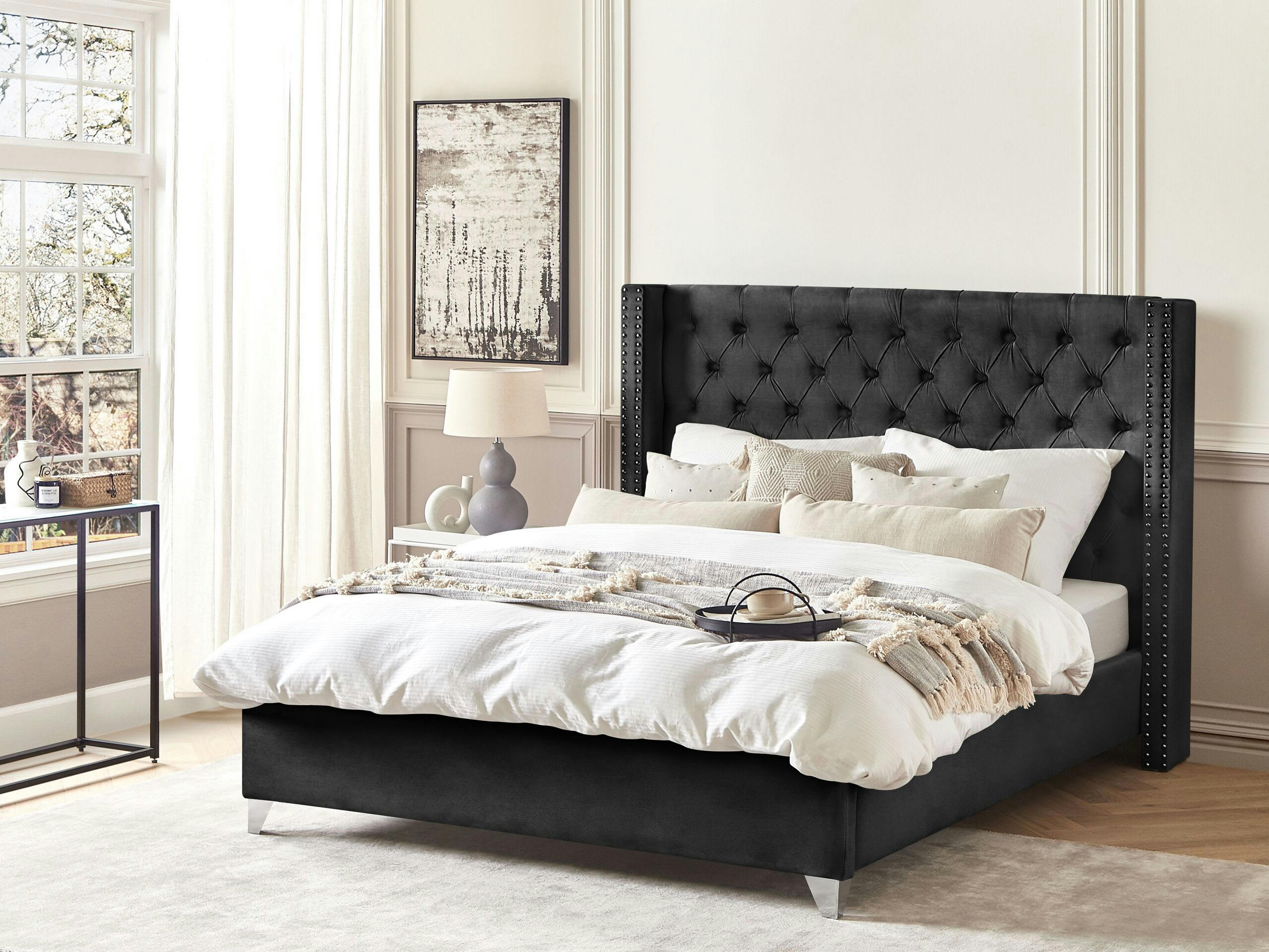 LUBBON - Lit double en tissu noir 180x200