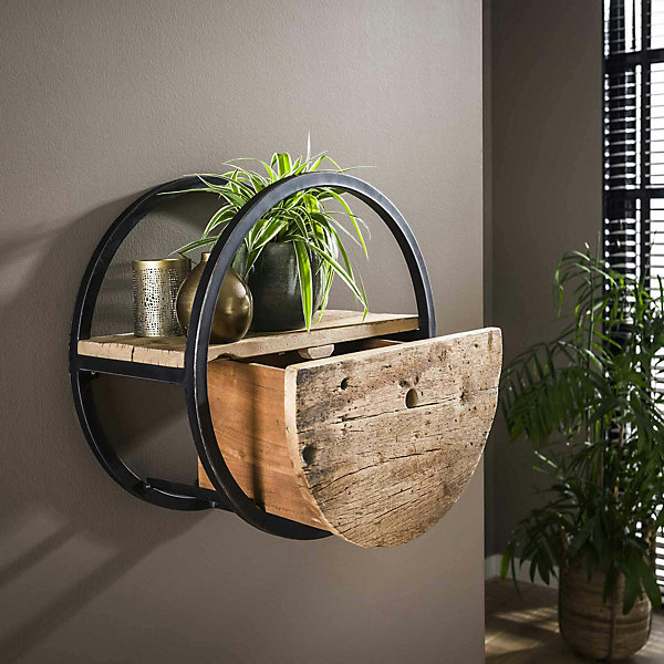 Etagère murale ronde bois recyclé brut 1 tiroir D50 cm CYCLADES