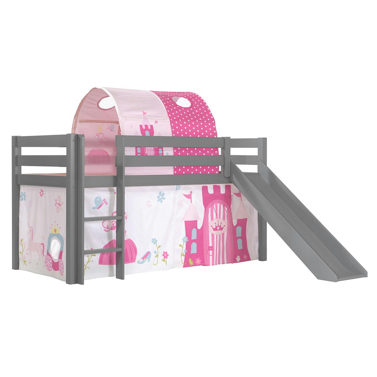 PINO - Lit mi-hauteur 90x200 toboggan sommier inclus housse princesse gris