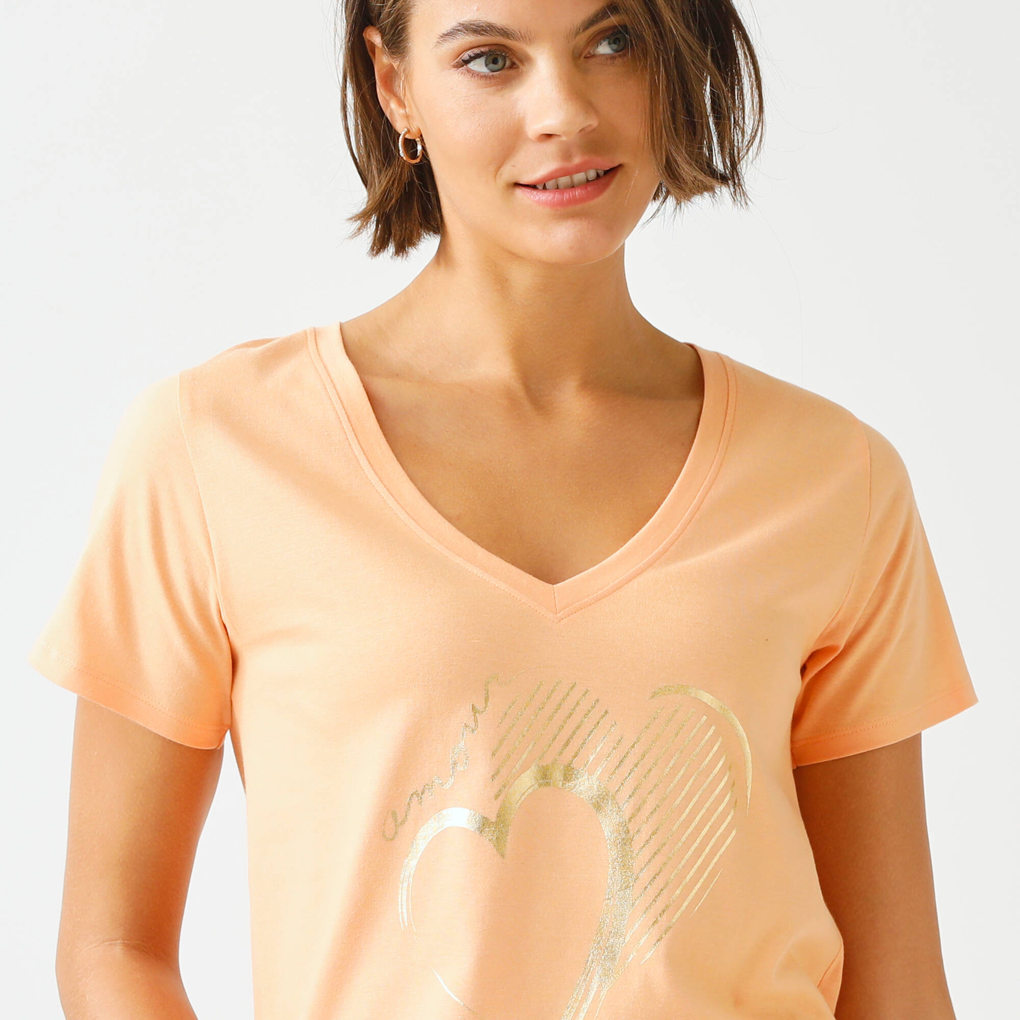 T-shirt col V imprimé doré