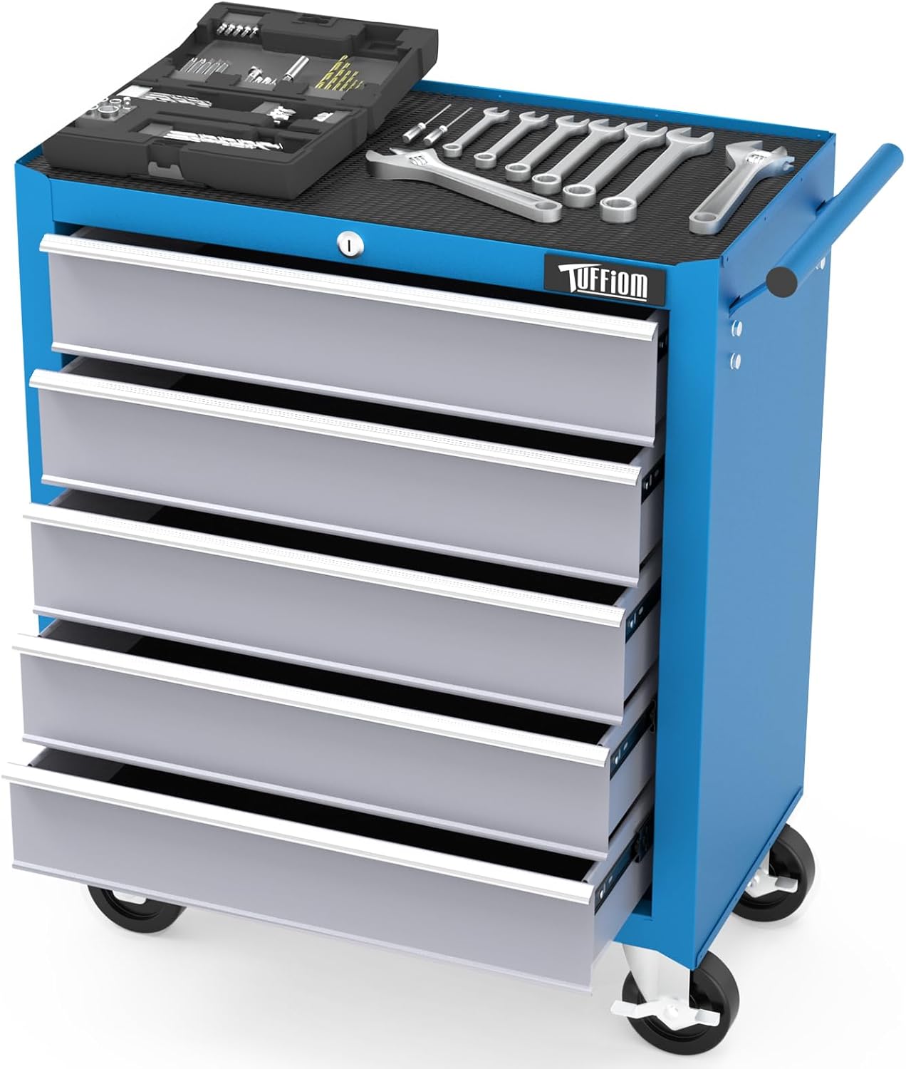 TUFFIOM 5-Drawer Rolling Tool Chest w/Drawers & Lock, Tool Storage Cabinet with Lockable Wheels, Top Cushion & Drawer Liners, Tool Organizer Box for Garage, Warehouse & Repair Shop