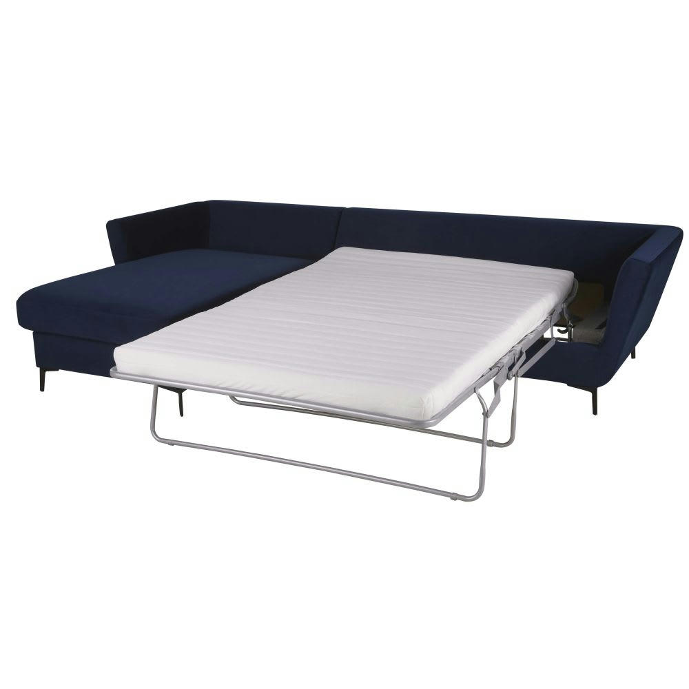 Prague - Canapé d'angle gauche convertible 2/3 places en velours bleu nuit, matelas 10 cm