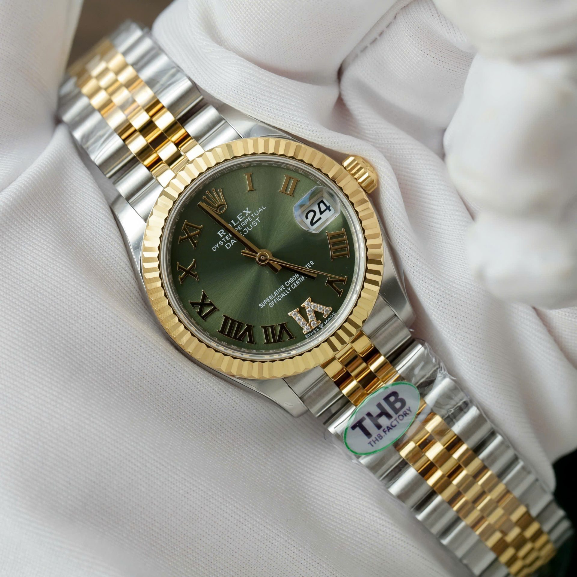 Rolex Datejust SS/YG Plated Olive Roman Dial CZ Diamonds 31mm Jub Replica