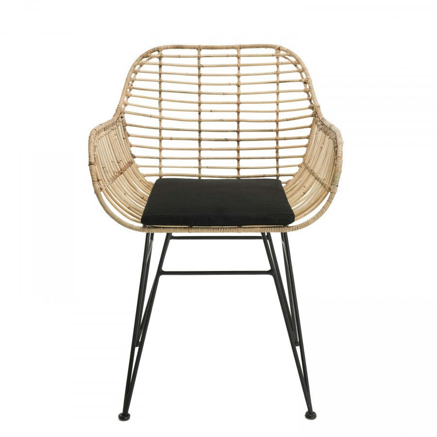 CHLOE - Fauteuil en rotin naturel coussin noir pieds en métal