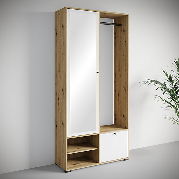 Minio go for it, Ensemble vestiaire DAFNI avec miroir 90x190x33, chêne Artisan/blanc
