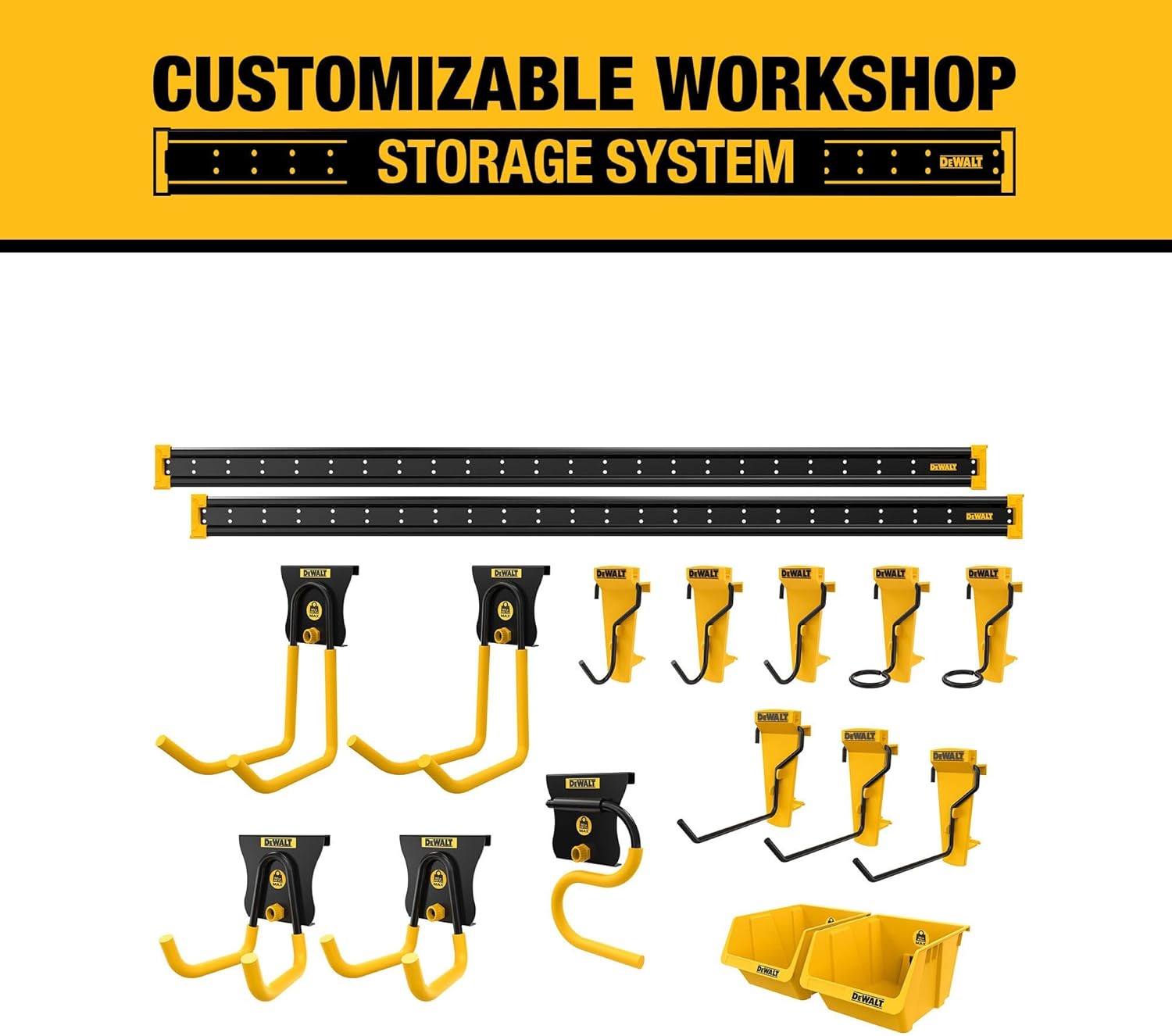 DEWALT Tool Organizer, 21 Piece Accessory Starter Kit, Includes 2 Metal Rails, 13 Hooks, and 2 Plastic Bins, DEWALT Workshop Storage System Compatible (DWST82801)