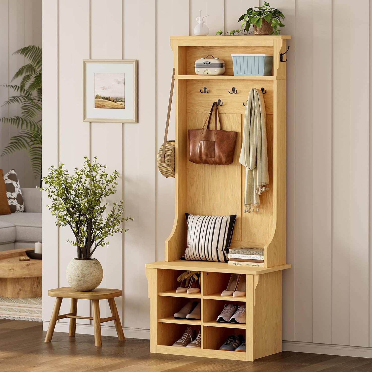 IRONCK Hall Tree with Bench and Shoe Storage, 6-in-1 Entryway Bench with Coat Rack, Adjustable Shelf, Hanging Hooks, 6 Shoe Cubbies, 2-Tier Top Storage, for Entryway, Bedroom, Living Room, Oak