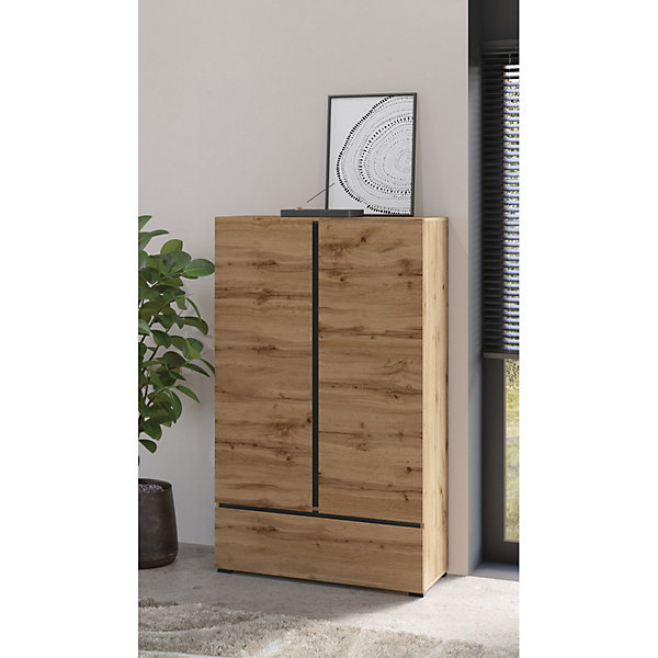 Armoire de rangement HAVANA chene et noir 2 portes 1 tiroirMeuble moderne et compact pour chambre
